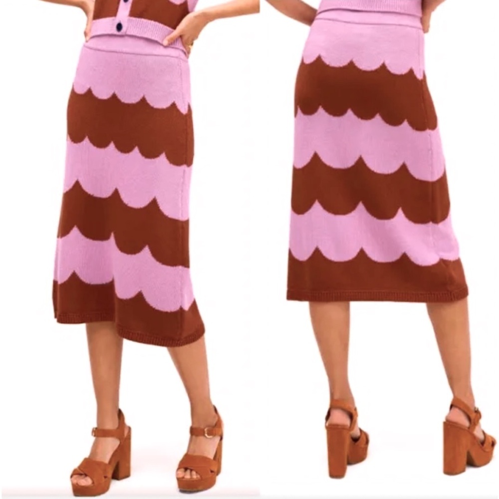 Kate Spade Woman’s Knit Scallop Stripe Pattern Pink Rusty Brown MIDI Skirt XS